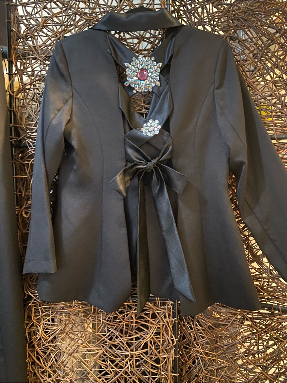Black Women's Satin-Back Ribbon Tie Jacket and pant set with Jewel Accents